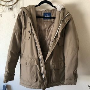 Brown parka jacket with lined hood